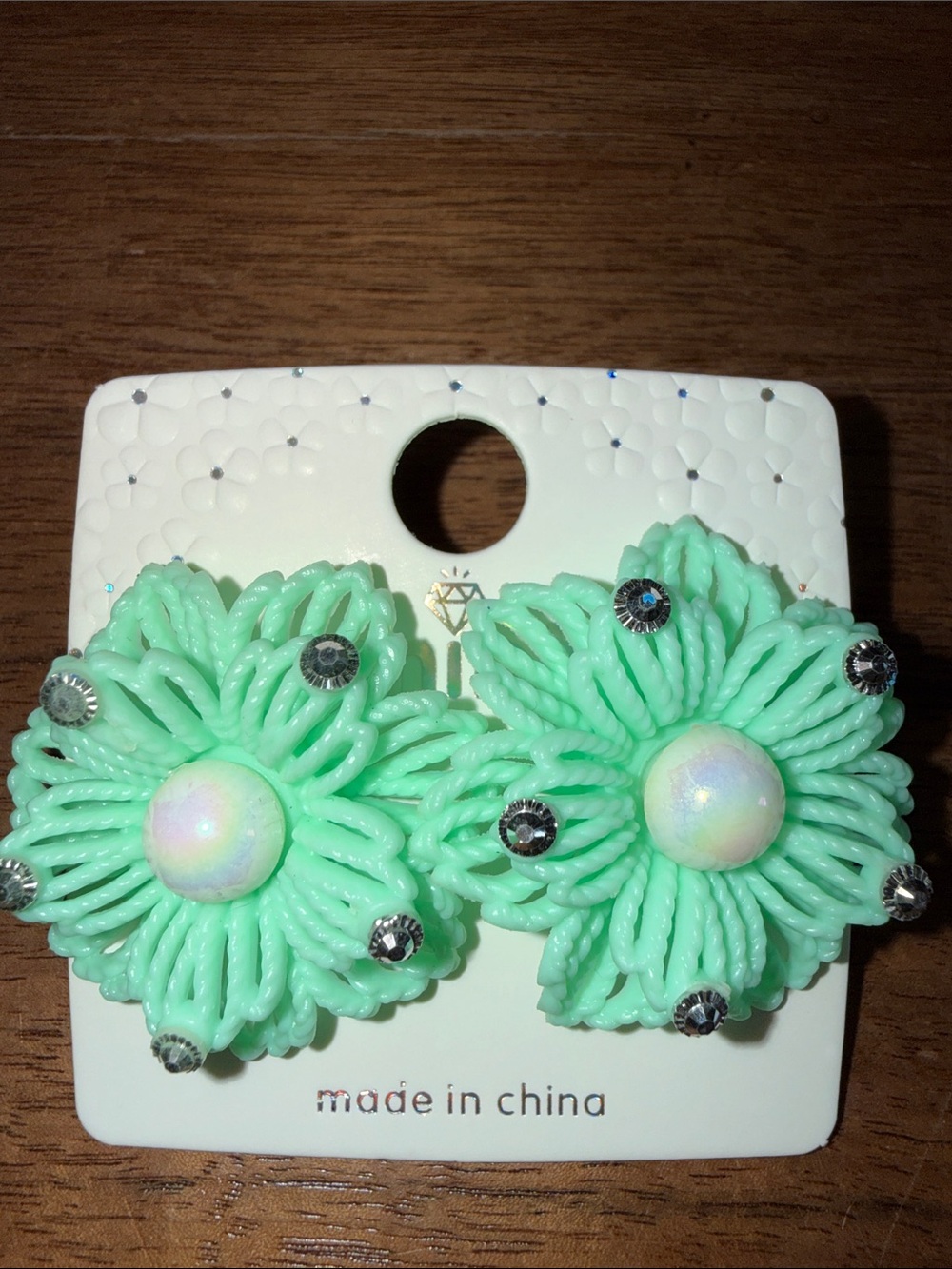 Mint Green Floral Statement Clip-On Earrings with Iridescent Centers